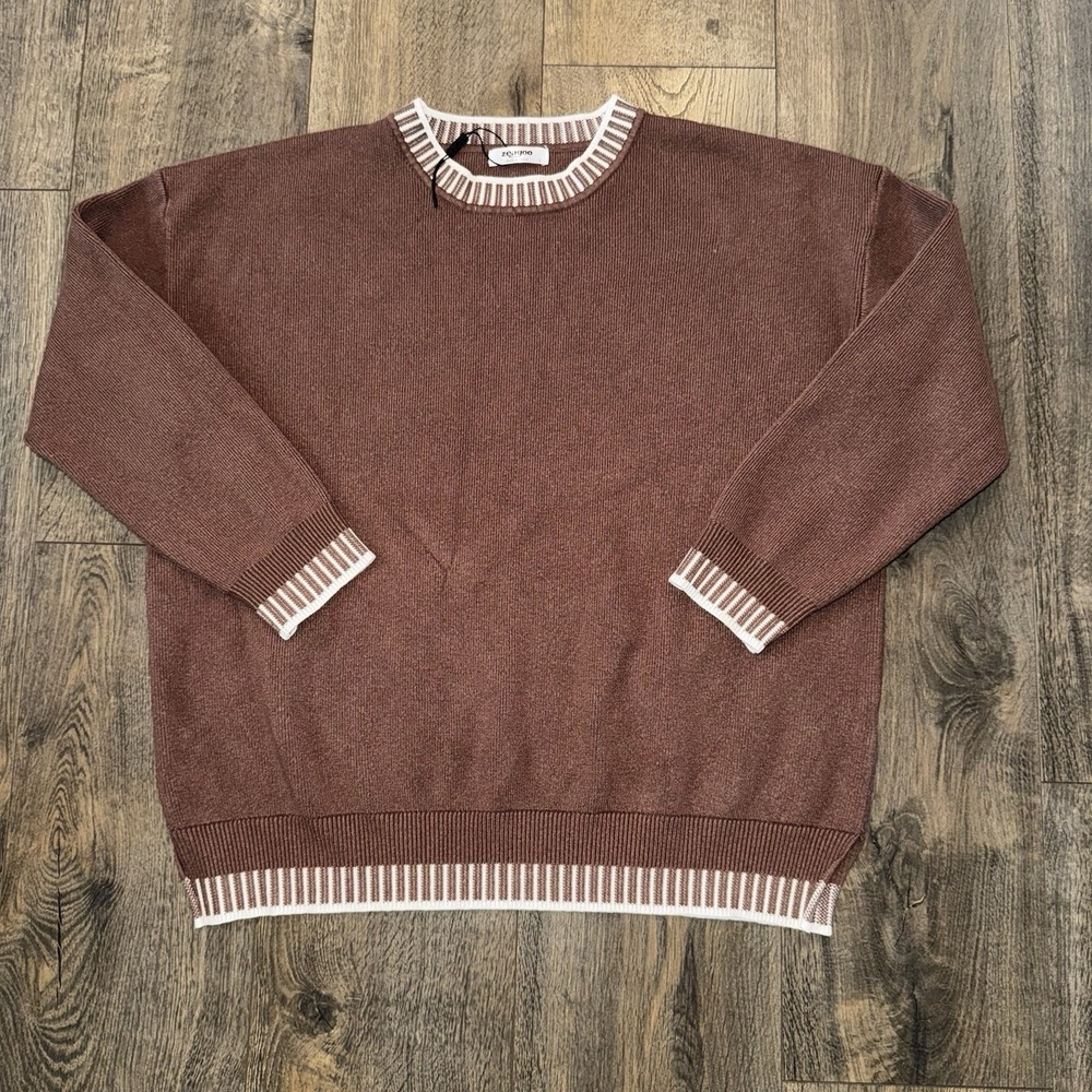 Zeagoo Womens L Brown Knit Sweater Striped Collar and Cuffs 90s Cabincore Preppy